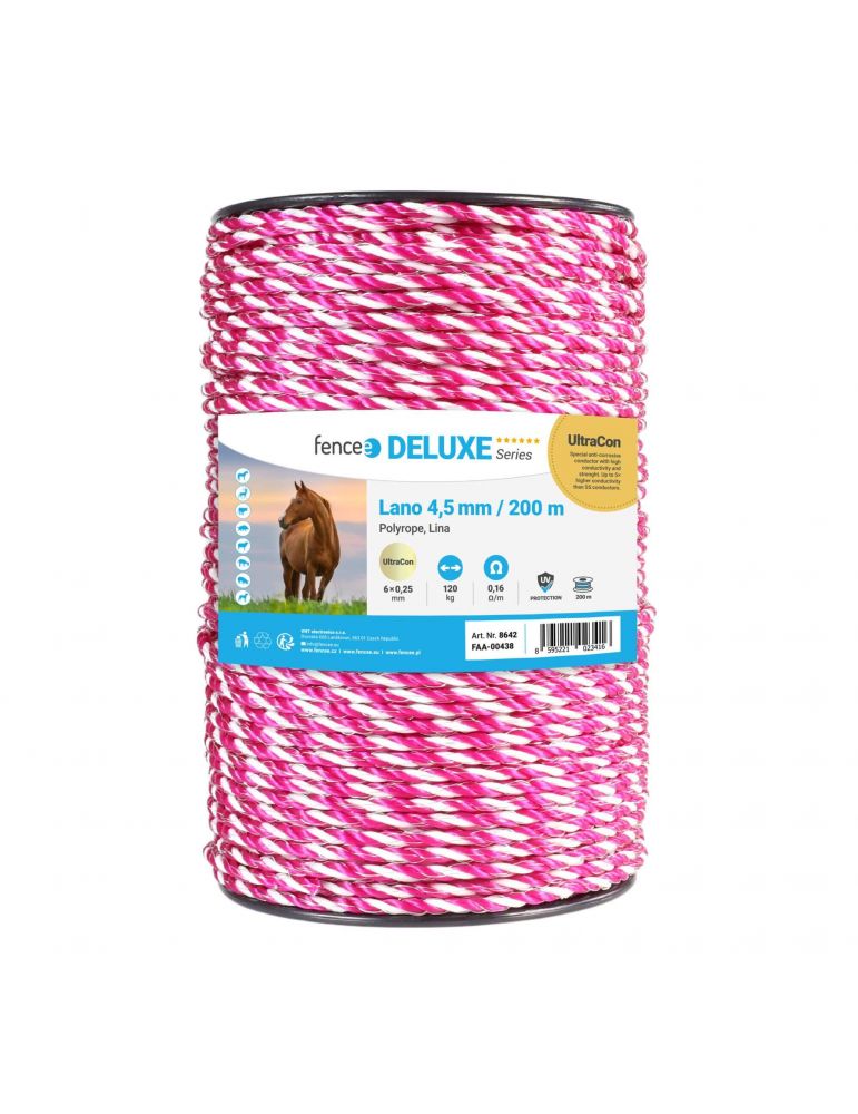 Lano elektrického ohradníka, priemer 4,5 mm, ružovo-biele, 200 m, 0,16 Ω/m