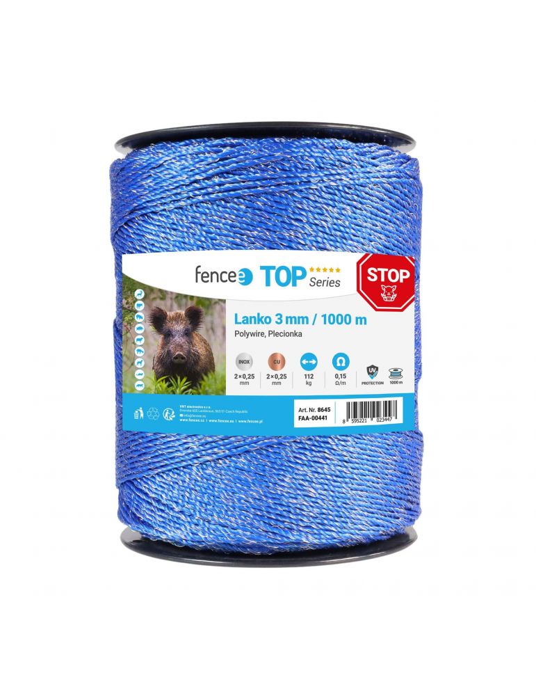 Lanko pre elektrický ohradník, priemer 3 mm, modrý, dĺžka 1000 m, 0,17 Ω/m